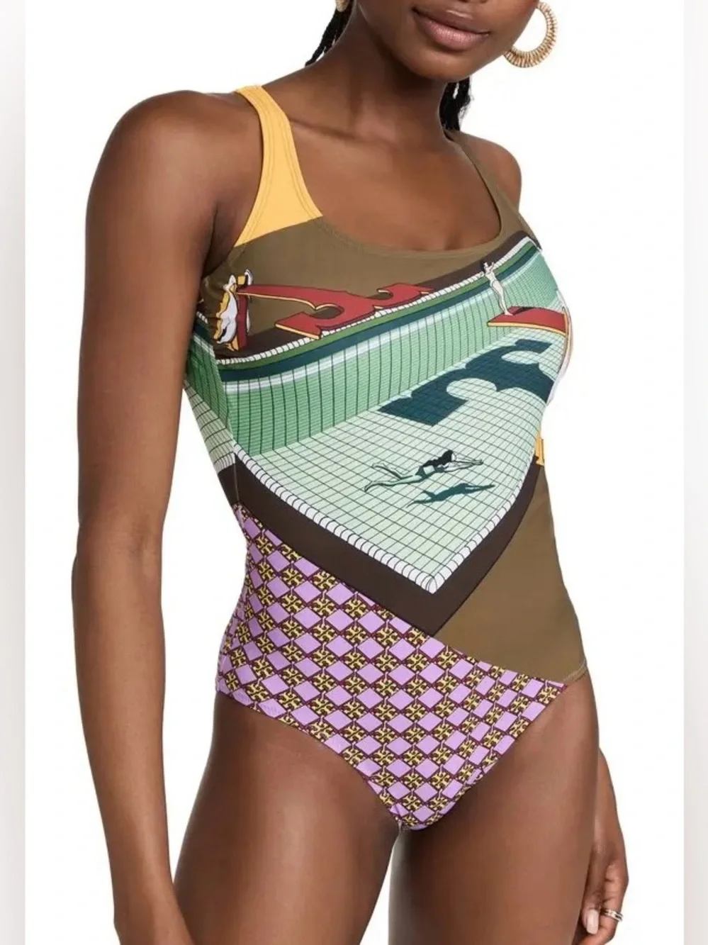 NWOT Tory Burch Pelican Reef + Logo Printed Tank Swimsuit Geometric Multicolor